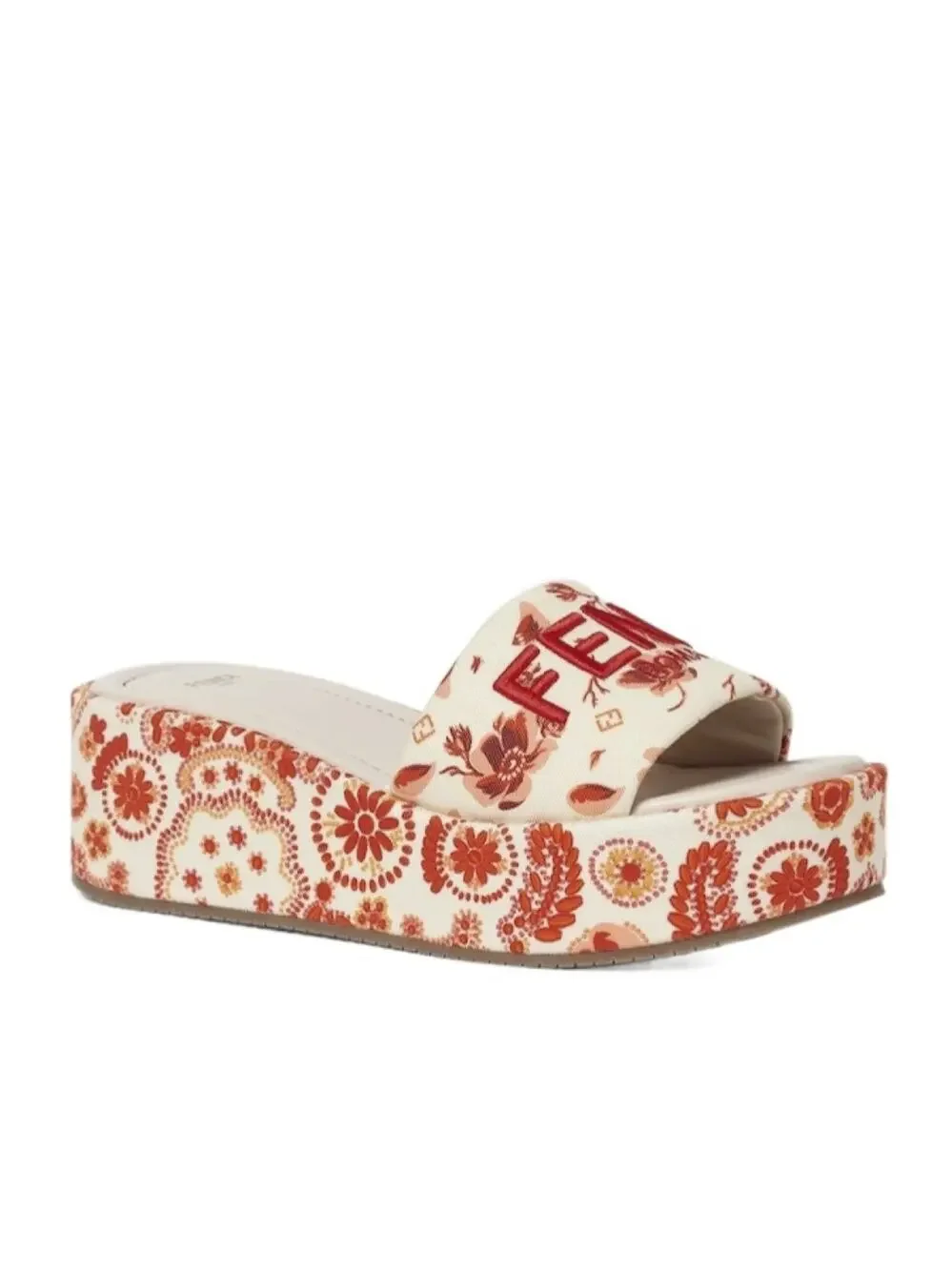 Fendi Camelia Sunshine Bandana Red Canvas Platform Slide Sandals EU 38.5
